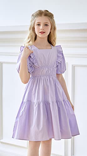 SMILING PINKER Girls Dress Square Neck Short Puff Sleeves Ruffle Party A-line Flare Solid Dresses2