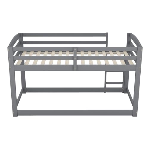 HYUB Litera 90 x 200 cm con escalera y protección anticaídas, cama alta con somier, fácil montaje, cama para 2 niños, marco de cama de madera de pino macizo, sin colchón, gris - imagen 5