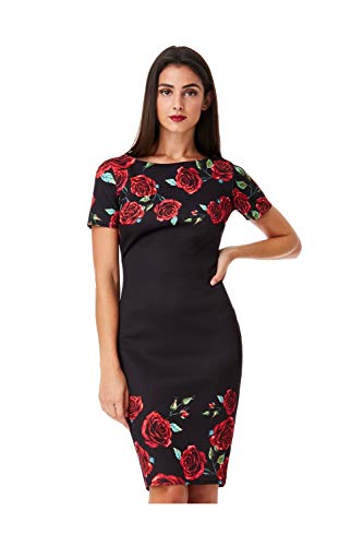 Goddiva - Vestito estivo da lavoro, motivo floreale, colore: Nero Nero 40