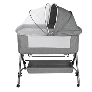 Kedia Babywiege mit Moskitonetz, Babybett & Reisebett mit Rollen, Babybett für Wiegen, höhenverstellbar, Babybetten (104 x 52 x 103 – 115 cm, grau)