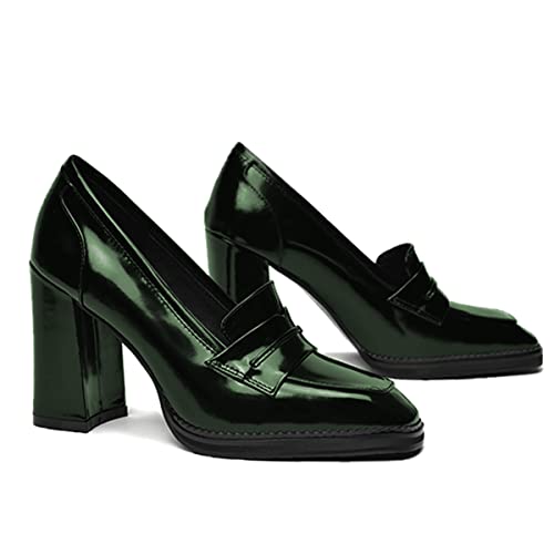 Image of FOWT Dressy High Block Heels Loafers for Women Classical Square Toe Pumps Comfortable Slip On Walking Shoes School Uniform Goth Oxfords US Size 4-16 M