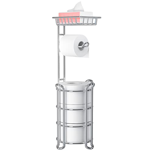 Toilet Paper Holder Stand with Shelf for Phone, Bathroom Free Standing Tissue Roll Storage Rack with Dispenser for 4 Mega Rolls, Chrome