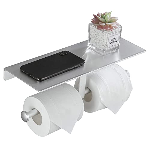 DUFU Toilettenpapierhalter mit Ablage Ohne Bohren WC Rollenhalter Silber Doppelt Klopapierhalter Selbstklebend Papierhalter Toilette Wandmontage Aluminium oder Schraubenmontage Cover