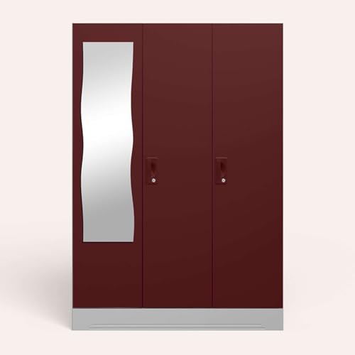 Image of Interio by Godrej Almirah Slimline 3-Door Steel Almirah, Cupboard for Clothes (Russet), 1-Year Warranty, 7 Shelves, 1 Locker, Curvilinear Mirror