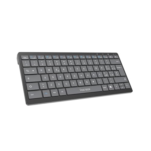VulTech KEY-601WBT Tastiera Wireless/Bluetooth Ricaricabile 80h Tasti a Forbice Silenziosi Layout Italiano QWERTY Ultraslim, 12 Multimediali Protezione Liquidi PC/Mac/Linux Smartphone/Tablet/Console