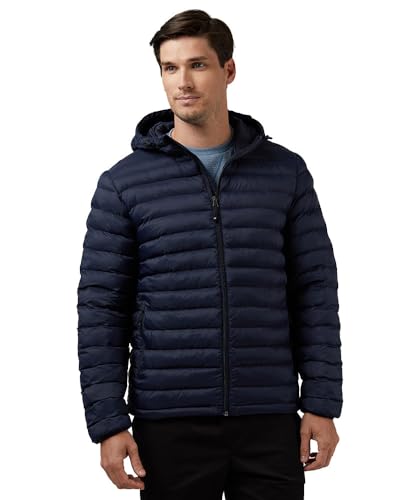 32 Degrees Heat Men’s Lightweight Packable Hooded Jacket – Water Resistant Travel Puffer, Stormy Night, Large