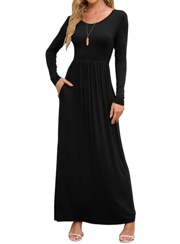 DEARCASE Maxi Dress for Women Black X-Large Round Neck Long Sleeves Wedding Guest A-line Plain Casual Empire Waist Flowy Party Vintage Spring Fall Winter Floor Dresses with Pocket
