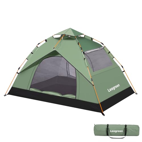 Leogreen Tente de Camping Pop-up 3-4 Personnes, Dôme Familiale Imperméable et Coupe-Vent, Deux Portes & Fenêtres, Automatique pour Camping Randonnée