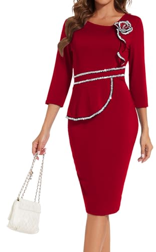 Damen Casual Rundhals Bodycon Wickelkleid Elegant Kirche Vintage Arbeit Bleistift Midi Kleider, 6 - 5 Rot, XX-Large
