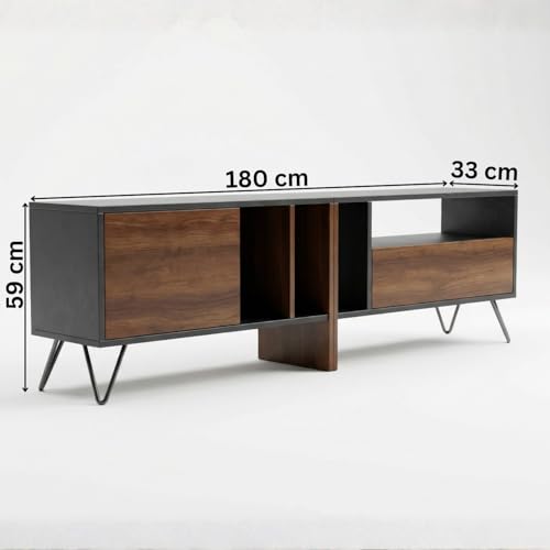Image of FFO TV Unit, TV cabinet 180 cm 6ft | TV Unit 75 Inch+ for Living Room | Black TV Stand Wooden with Metal legs TV Console | TV Cabinet with Storage | TV Console Unit for 43, 55, 65, 75 Inch TVs |(DIY).