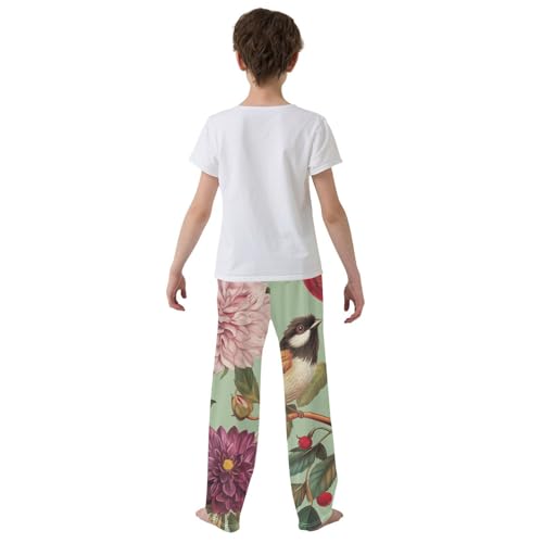 Spring Birds Peonies Boys Long Pants Soft Trousers Elastic Waist Kids Lounge Bottoms with Pockets S-XL3