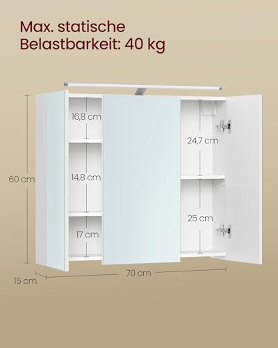 VASAGLE Kailyn Collection BBK139WB01 Badezimmerschrank mit 3 Spiegeltüren und Beleuchtung, verstellbare Regale, moderner Stil, 15 x 70 x 60 cm, Wolkenweiß