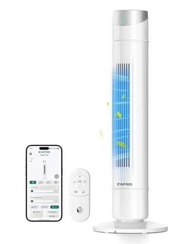 Image of ZAFRO Smart Tower Fan for Bedroom,120 Oscillating Fans that Blow Cold Air | 28ft /s High-Speed 12 Speeds 4 Modes Upgraded DC 22dB Ultra Quiet,App /Voice Control,Standing Fan with 12H Timer,36Inch,White