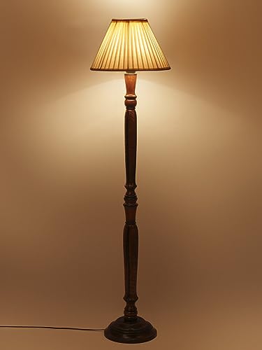 Image of Devansh Straight Pleated Off-White Cotton Wooden Floor Lamp -31