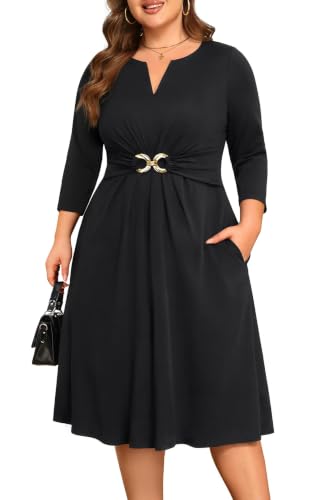 Image of Plus Size Wedding Guest Dress Fall Semi Formal 3 /4 Sleeve A-line Midi Dress