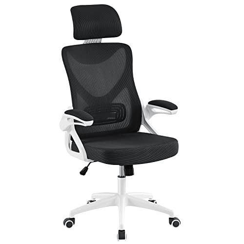 Yaheetech Ergonomic Mesh Office Chair, High Back Desk Chair With With Flip-Up Armrests, Adjustable Padded Headrest Computer Chair With Lumbar Support For Home Oiffce Game Room, White/Black #TOP6
