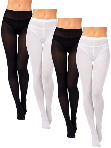 Geyoga 4 Pairs Womens 80D/100D Opaque Tights Soft Solid Color Footed Pantyhose High Waist Stocking(White Black Medium)
