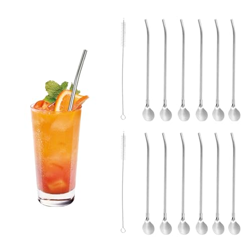 14 Stück Strohhalm Mit Löffel, Edelstahl, 2 Stück Reinigungsbürste, Für Latte, Macchiato, Cocktail, Milchshakes