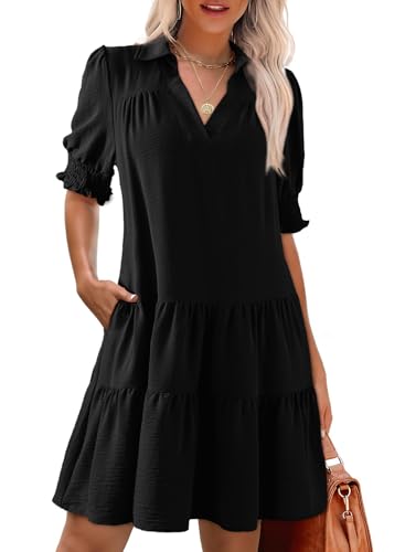 Image of Dokotoo Casual Dresses for Women Lapel Collared V Neck Mid Sleeved Pleated Summer Dresses for Women 2026 Midi Dresses