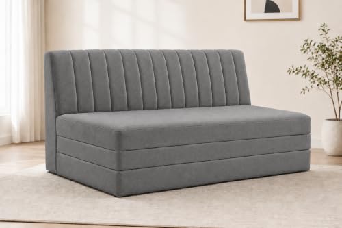 Image of Three Seater Sofa Bed, Velvet Fabric Foldable Sofa Cum Bed with Soft Foam Cushioning, Convertible Floor Couch for Living Room, Guest Room & Home Use (Grey, Pre-Assembled)