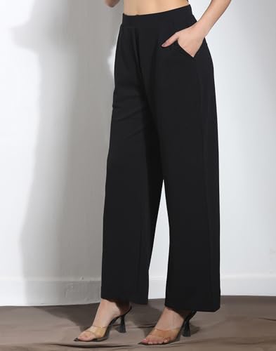 Image of Selvia Navy Blue Lycra Co-ord Set for Women, Button Detail Waist Top and Trouser Pant