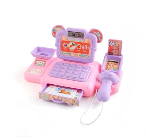 Enregistreur de caisse Jouet avec Scanner Sonore et Lumières, Boutiques Accessoires pour Enfants Jeux de Rôle, Cadeau d'Anniversaire pour Enfants 3 Ans (Rose)