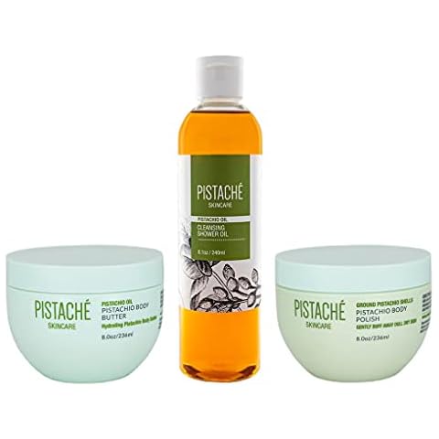 Pistaché Skincare Pistachio Oil Glow Bath & Body Trio Set + Whipped Body Butter + Body Polish + Cleansing Shower Oil + Exfoliate and Hydrating + Moisturizing + Softening + Vitamin E Cover