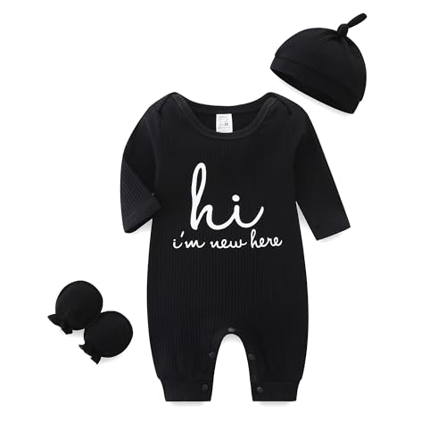 Image of Babymine Unisex Baby Clothes Newborn Onesie Long Sleeve Ribbed Romper with Hat and Gloves Infant Letter Print Jumpsuit