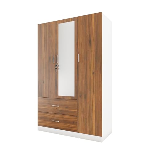 Image of VIKI Wardrobe | Wooden Almirah for Clothes,Door for Bedroom, 3 Door Wardrobe with Drawer, Mirror & Hanging Space (White & Walnut - 40D x 120W x 180H) | 1 Year Warranty | Free Assembly