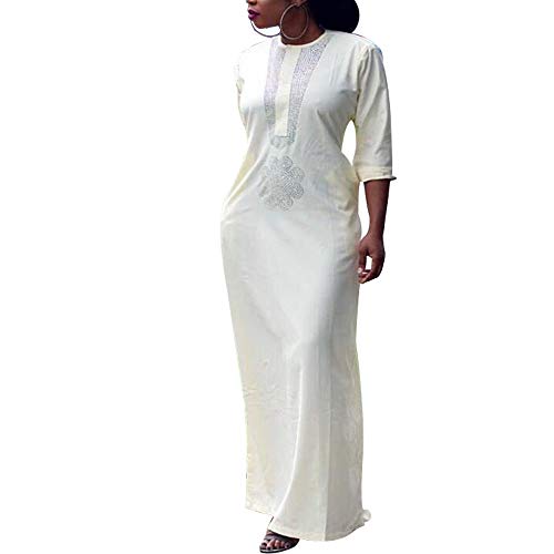 HD Upgraded Woman's Diamond-Bordered All White Dress Female Slim Fit Maxi African Dress with Headwrap