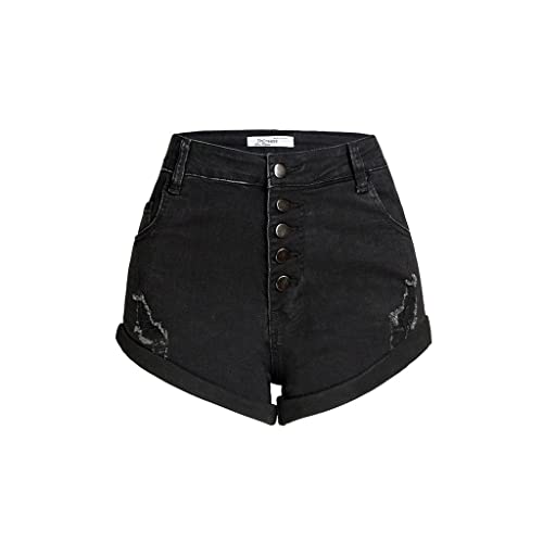 Short en jean femme large noir pur taille haute boutonné