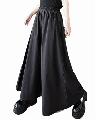 ellazhu Women's Pants Elastic Waist Two Side Pockets Solid Wide Leg Casual Loose Maxi GZ445 A2