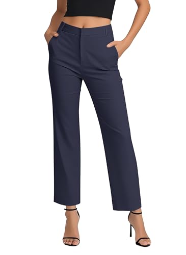 EXCHIC Damen Komfortabel Dehnbar Gerade Bein Freizeit Hosen Hohe Taille Arbeitshose mit Taschen(M, Marineblau)