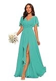 PUXIU Women Double V-Neck Bridesmaid Dresses with Pockets Turquoise Chiffon Long Bridesmiad Dress with Slit for Teens for Wedding 16