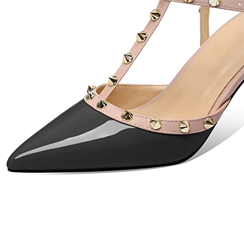 Image of XINIUNIU Studded Heels for Women Kitten Heels with Studs Stiletto Sandals with Rivet Ankle Strap Patent Leather Pointy Toe 2.5 Inch Party Daily Wear Evening Sandals