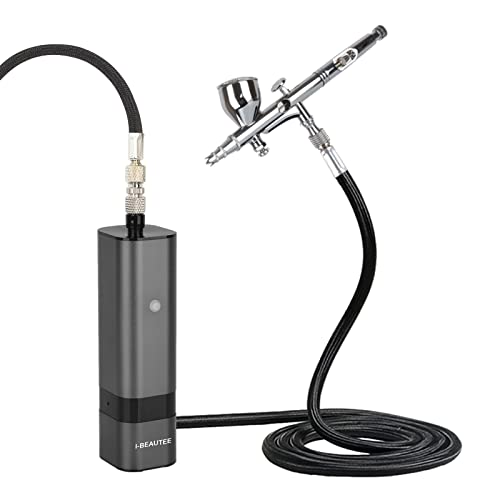 I-BEAUTEE Airbrush Kit, Double Action Cordless Airbrush, Rechargeable Compressor with Auto On Off Function, Portable Mini Airbrush Painting Set for Model Coloring, Makeup, Nail Art (Black)