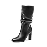 DREAM PAIRS Slouch Boots for Women Mid Calf, Women's Fashion Almond Toe High Heel Fall Winter Dressy Boots,Size 8,Black-Pu,SDMB2407W
