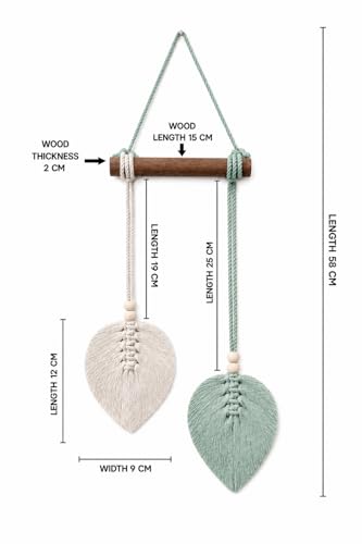 Image of AdFashionble Boho Macrame Wall Hanging Leaf Decor for Home, Living Room & Bedroom | Cotton Thread Art with Wooden Rod | Minimalist Handmade Wall Decoration | Aesthetic Nordic Wall Art for Home, Office & Gift Purpose Lenght- 58 cm Width- 15 cm (MINTGREEN & OFFWHITE)