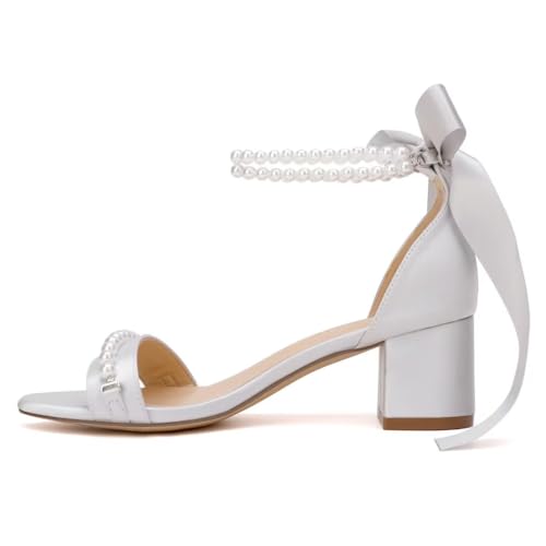 Image of Block Heel Wedding Sandals, Pearl Embellished Ankle Strap, Low Heel Bridal Shoes for Women, Size EU 36-41