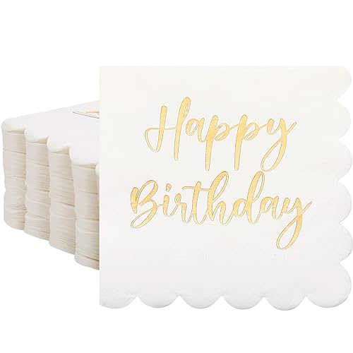 Qilery QILERY-FDGHG3 100 Pack Happy Birthday Napkins Bulk, Scalloped Disposable Cocktail Napkins White And Gold Birthday Napkins 2 Ply Paper Napkins