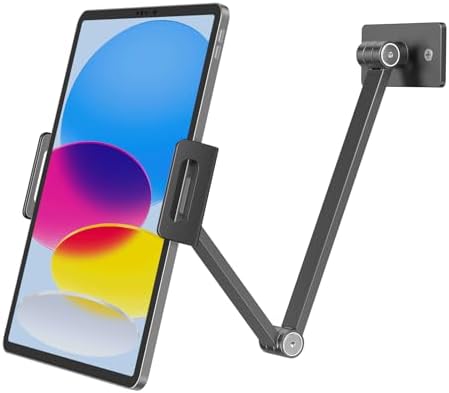 BEWISER Tablet Wall Mount Holder,360° Rotating Flexibly, Height and Angle Adjustable, Folding Aluminium Alloy Long Arm Compatible with4.7-12.9" Phone and Tablet in Kitchen or Office (Space Grey)…
