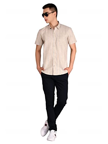 Image of Men's Grey Linen Striped Shirt - Lightweight and Comfortable Casual Shirt