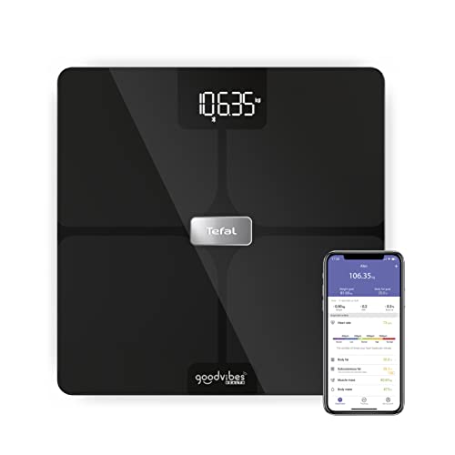 Tefal Goodvibes Health Balance connectée, 14 indicateurs corporels, Application connectée, Nombre illimité d'utilisateurs, Capacité de 180 kg et plateau verre 32x32...