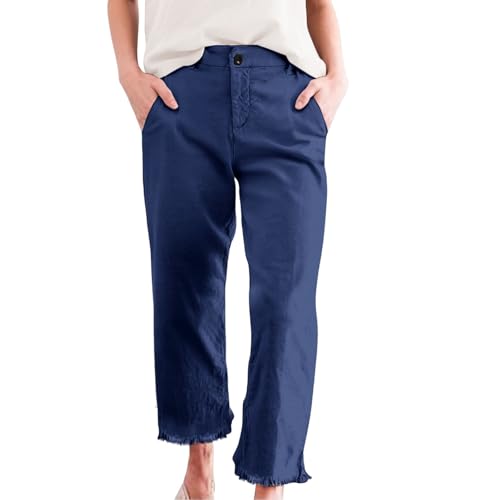 Cropped Cove Chino Pants Women High Waist Loose Straight Wide Leg Plus Size Capris Summer Ladies Chino Business Dressy Casual Work Petite Raw Hem Ankle Trousers with Pockets Navy Medium