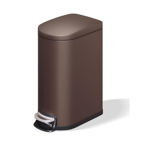 Garvee 2.6 gal / 10 L Metal Bathroom Trash Can with Lid, Slim Waterproof Garbage Can for Bedroom, Small Step-on Trash Bin with Inner Bucket, Rear Handle, Soft Close Lid, Brown Brown 2.6 Gall