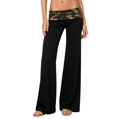 Image of Lounge Yoga Pants for Women Fold Over Low Waist Wide Leg Bell Bottoms | Y2K Foldover Pants, Flare Leggings, Low Rise Yoga Sweatpants