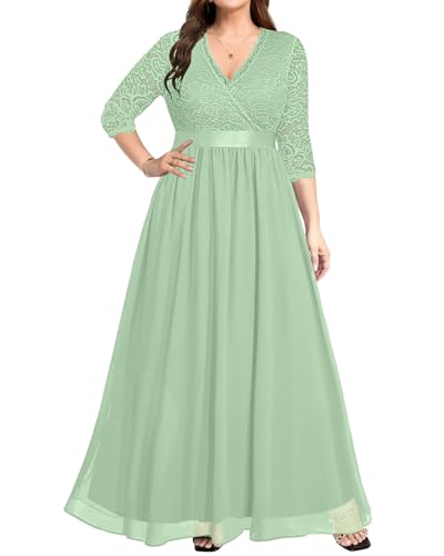 Image of Pinup Fashion Wedding Dresses for Bride Plus Size - Formal Evening Gown Wrap Neck Lace Chiffon Long Dress