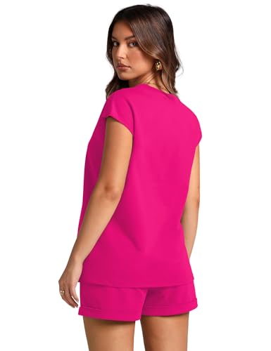 Image of WIHOLL 2 Piece Sets for Women Casual Summer Travel Vacation Outfits Cap Sleeve Shorts Lounge Set