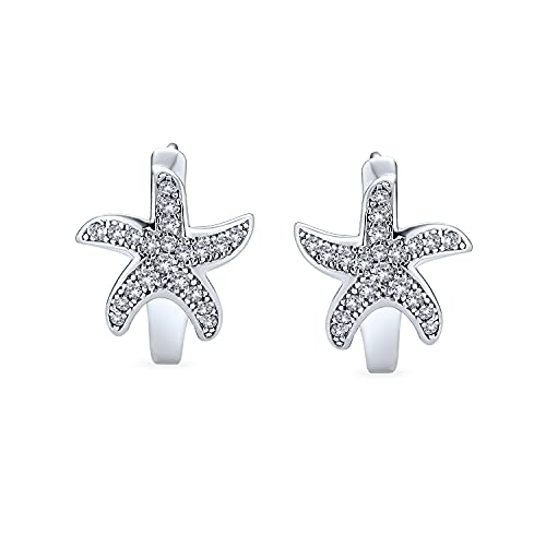 Nautical Starfish Shaped Huggie Hoop Earrings For Women For Teen Micro Pave Cz Cubic Zirconia .925 Sterling Silver #TOP1
