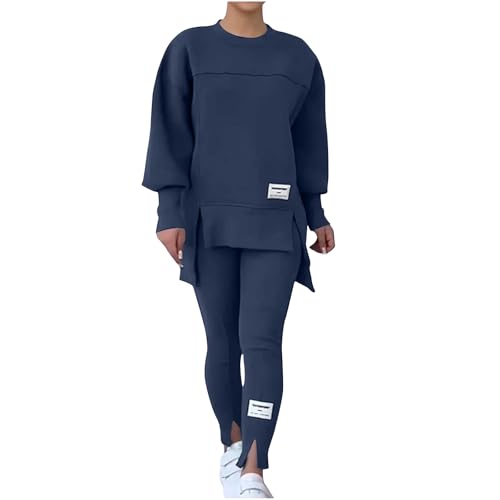 NSICBMNO Blue Womens Tracksuit Set 2 Piece Outfits Oversized Sweatshirts Gym Leggings Airport Out Long Jumpers Split Hem Trousers Casual Co Ord Sets Winter Lounge Wear Sets For Gym Sports Travel